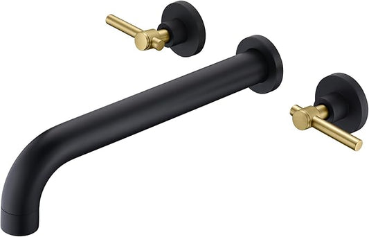 SUMERAIN Wall Mount Bathtub Faucet Set Long Spout Tub Filler High Flow Rate Black and Gold Finish