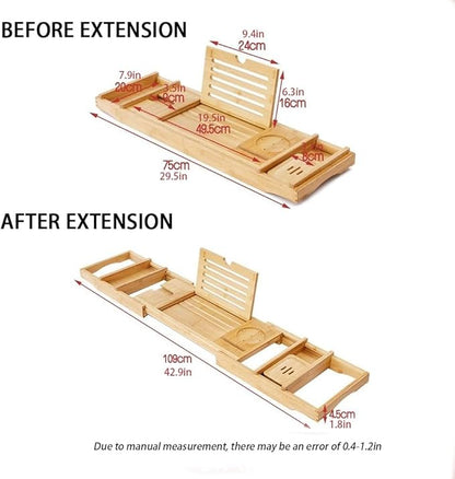 Expandable Bath Tray, Wooden Bathtub Tray Caddy with Solid Wood Bookend, Phone Card Slot, Movable Bamboo Tray