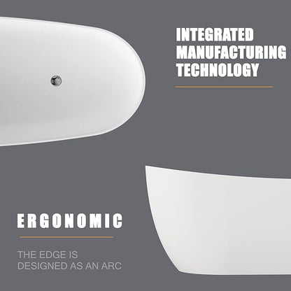 Cpingao (66.9"Lx31.5"Wx25.1"T) Matte White Stone Resin Solid Surface Freestanding Bathtub, Modern Stand Alone Soaking Tub with Overflow and Pop Up Drain,One-Piece Molding 8828