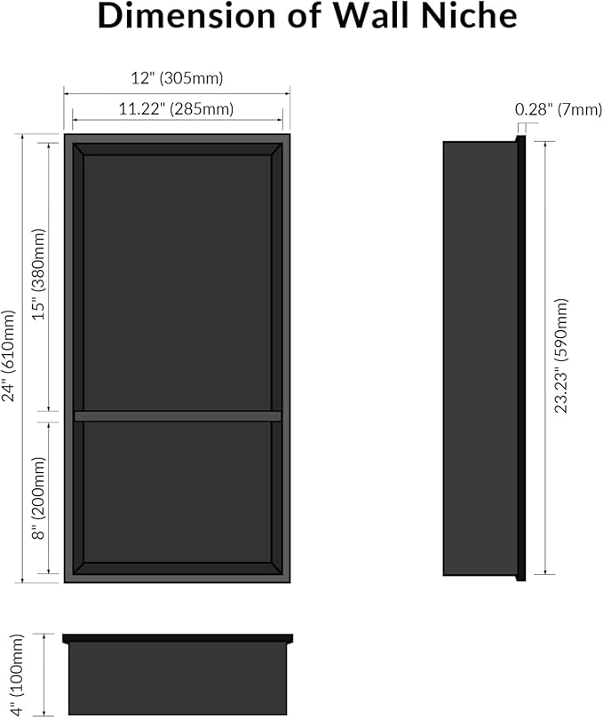 24x12 Shower Niche, No Tile Needed Insert, 304 Stainless Steel, Sloped Base, Matte Black in-Wall Shelf