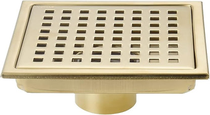 Square Shower Floor Drain Brushed Gold 6 Inch，Grille with Removable Cover,SUS304 Stainless Steel