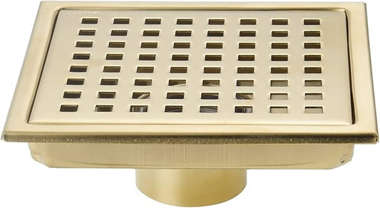 Square Shower Floor Drain Brushed Gold 6 Inch，Grille with Removable Cover,SUS304 Stainless Steel