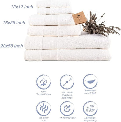 Hencely 6-Piece Bath Towel Set - High Absorbency, Quick Drying - 100% Soft Turkish Cotton - 2 Bath Towels, 2 Hand Towels, 2 Washcloths - for Bathroom, Home, Hotel, Spa, and Gym - 6-Pack White