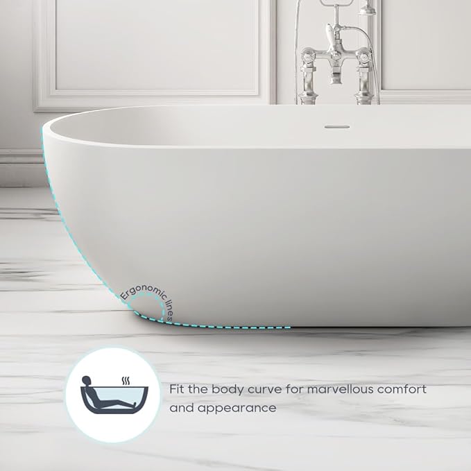 SJ STAR&JANE 69" Solid Surface Freestanding Bathtub, Matte White Oval Stone Resin Soaking Tub Stand Alone Tub with Overflow and Pop-up Drain for Modern Bathrooms