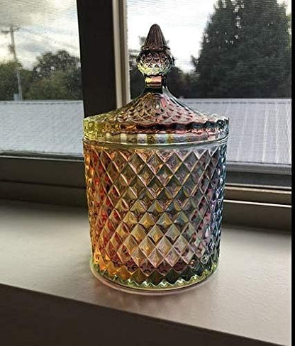 Colorful Home Decorative Jar Qtips Holder Dispenser Glass Storage Container Bathroom Counter Vanity Organizer for Bath Salts/Swabs/Rounds Makeup Sponges Toothpick Jewelry(Rainbow, 20 oz)