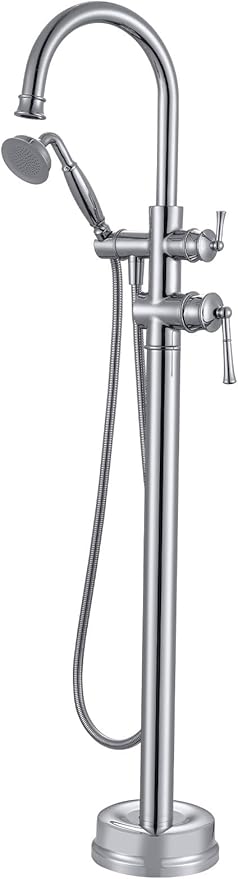 Freestanding Tub Faucet, Floor Mount Tub Faucet Polished Chrome High Flow Tub Filler, Roman Tub Faucet with Antique Handheld, Swivel Gooseneck Spout Shower Mixer Taps (B2311-CP)