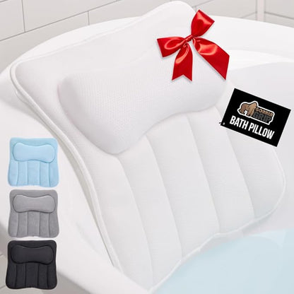 GORILLA GRIP Bath Pillow for Tub with Powerful Suction Cups, Headrest Pillows for Neck and Back Support, Machine Wash, Bathtub and Hot Tub Accessories, Relaxing Spa Gift Essentials for Women, White