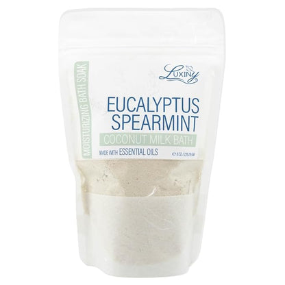 Luxiny Vegan Milk Bath Soak Made with Moisturizing Coconut Milk Powder, Essential Oil, & Sweet Almond Oil for a Bath Bomb Dust Soothing Fizz & Relaxing Soak, 8 oz. (Eucalyptus Spearmint)