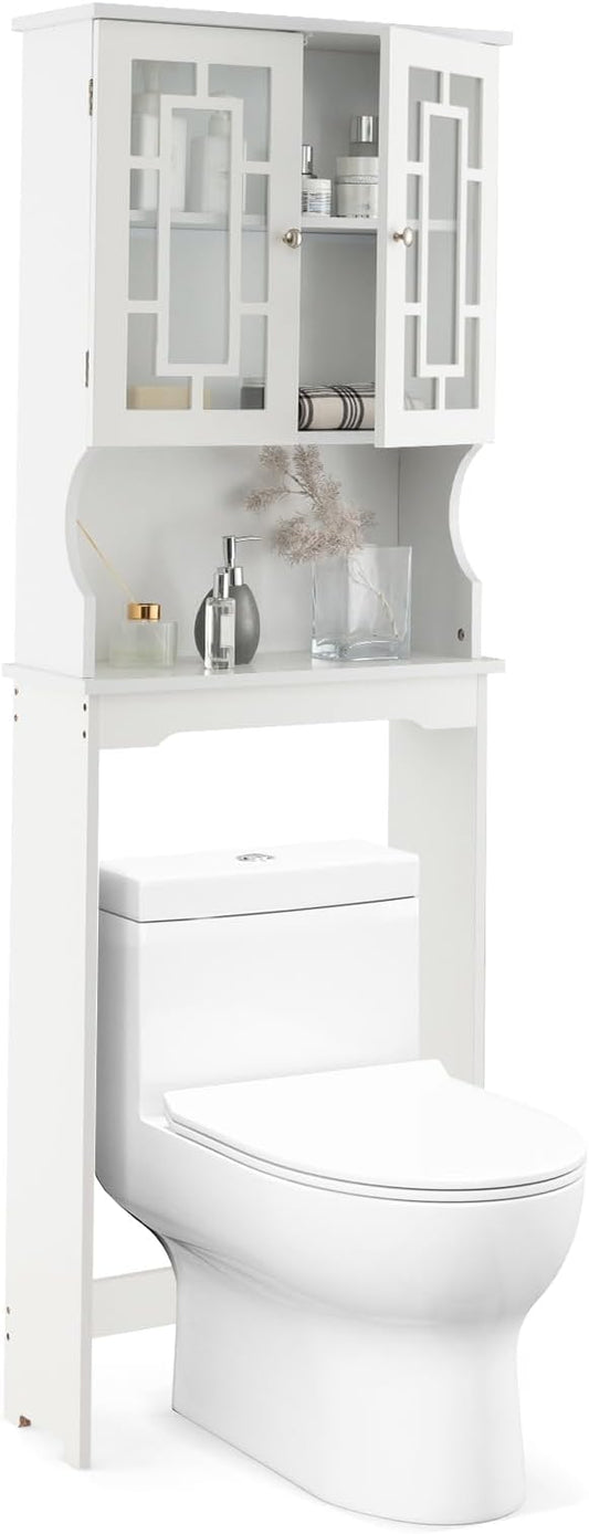 COSTWAY Over The Toilet Storage Cabinet, Bathroom Shelf Over Toilet, Double Door Bathroom Storage Cabinet Organizer with Adjustable Shelf, Open Shelf (White)