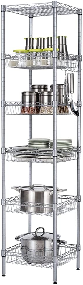 6 Tier Storage Racks Shelving, Heavy Steel Pantry Shelves, Adjustable Wire Shelving Rack, Suitable for Garage, Kitchens, Offices, 13.4" W x 13.4" D x 63" H, Silver