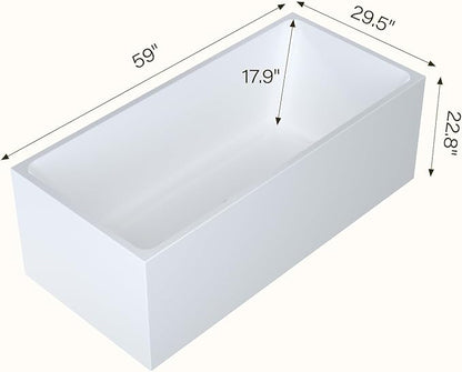 59" Acrylic Freestanding Bathtub - Modern Rectangular Soaking Tub, Glossy White Finish, Chrome Linear Overflow & Drain Kit, CUPC Certified