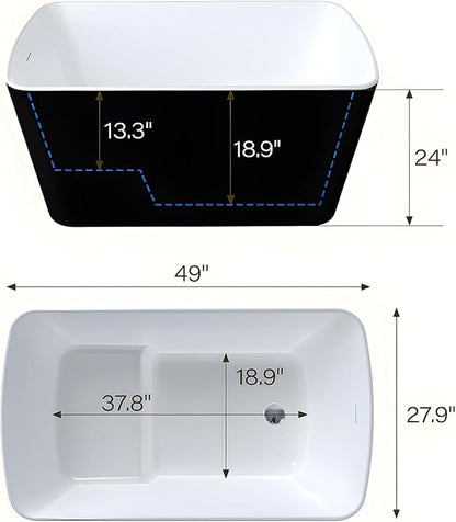 49‘’ GarveeHome Acrylic Freestanding Bathtub, Deep Soaking Stand Alone Tub, black exterior and white interior, Comfortable Small Space Tub with Chrome Overflow and Drain, Easy to Install