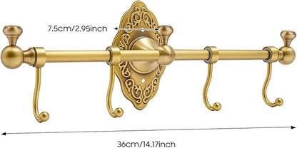 TFCFL Wall Mounted Towel Rack with 4 Hooks, Vintage Gold Brass Bathroom Organizer 14.17", H59 Brass for Bathroom & Kitchen
