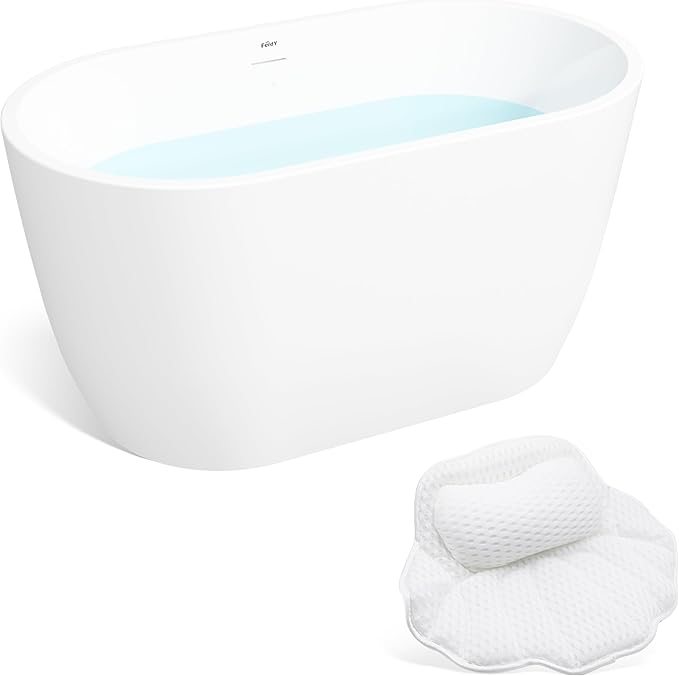 FerdY 47" Bali Acrylic Freestanding Bathtub with Headrest, Gracefully Shaped Soaking Bathtub, cUPC Certified, Toe-Tap Brushed Nickel Drain& Minimalist Linear Design Overflow& Bathtub Pillow Included