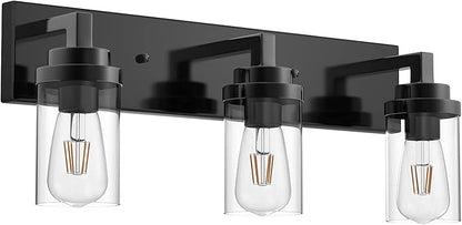 MELUCEE Vintage Bathroom Lighting Fixtures Over Mirror, 3-Light Modern Vanity Lights Black Finish Industrial Wall Sconce with Clear Glass Shade