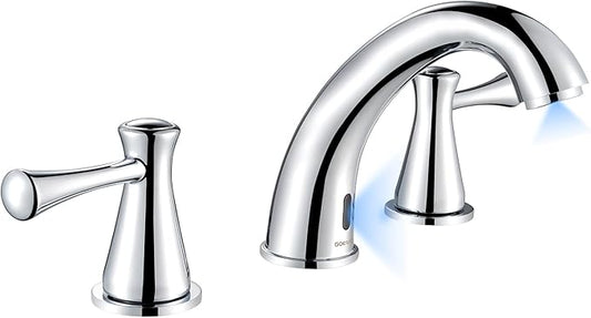 Touchless Bathroom Faucet for 3 Holes with 3 Handles, Controlling Temperature & Adjustable Water Flow, Short & Long Induction Modes, Auto Motion Sensor Chromed Bathroom Faucet Set 29180