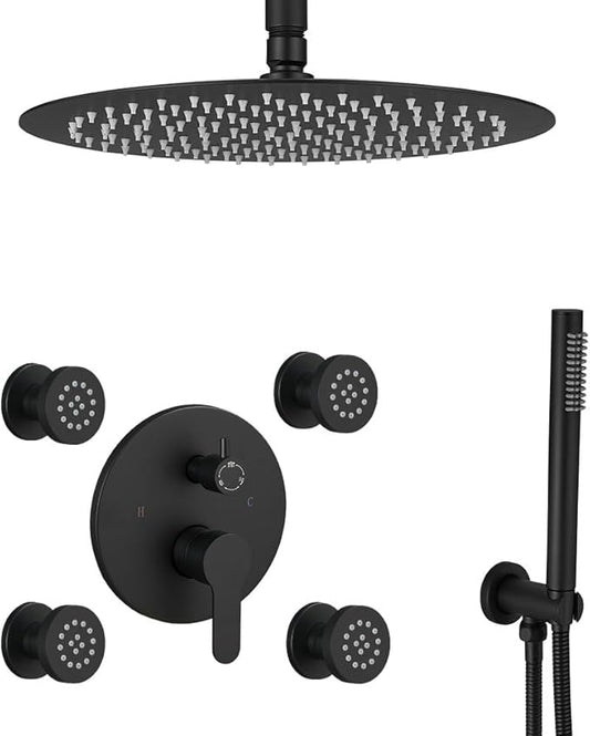 Matte Black Round Shower Faucet Set with Body Jets 12 Inch Shower Head Handheld Shower Combo Set High Pressure Ceiling Mount with Rough-in Valve