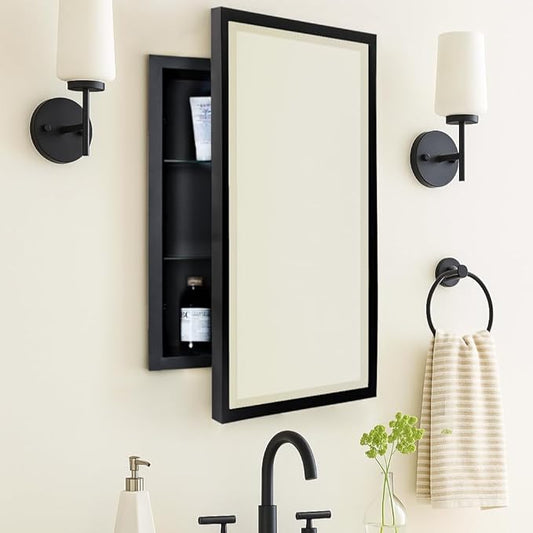 TEHOME Black Recessed Bathroom Medicine Cabinet with Mirror Squared Corner Rectangle Metal Framed Medicine Cabinet with Beveled Mirror 20x30''