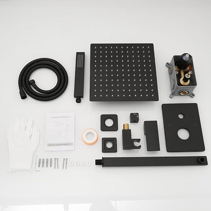 Matte Black Shower System YCAIKOI Wall Mount Shower Faucet Set for Bathroom 10 Inch High Pressure Luxury Shower Head with Handheld, Rough-in Valve Body and Trim Included
