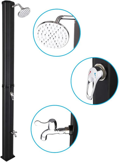 VINGLI Solar Heated Shower, 9.3 Gallon Outdoor Shower with Shower Head and Foot Shower Tap，for Outdoor Backyard Poolside Beach Pool Spa,Black (9.3 Gallon)