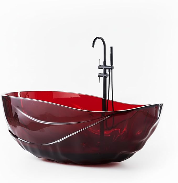 Cpingao 67" Resin Translucent Freestanding Bathtub, Modern Oval Stand Alone Tubs, Contemporary Transparent Resin Freestanding Bath 1700 MM with Drain Fiery Red 8852-1700-RED
