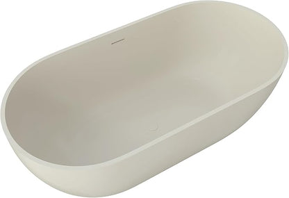 Premium 59" Warm Grey Solid Surface Free Standing Bathtub, Upgraded Oval Resin Stone Tub with Overflow and Pop-up Drain
