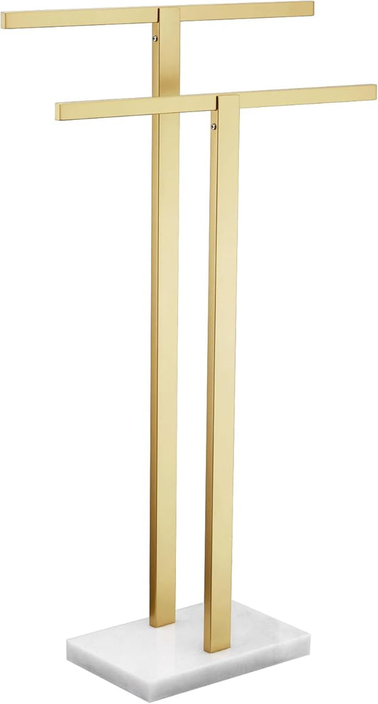 KOKOSIRI Bathroom Towel Rack 2-Tier Standing Towel Bars with Marble Base, Stainless Steel Freestanding Towels Holder, Thicken Steady Design, Brushed Gold THS0003-BG
