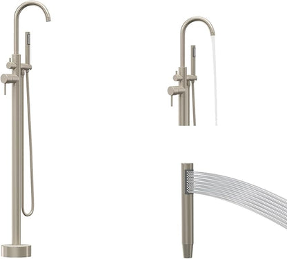 Freestanding Tub Filler Brushed Nickel Floor Mount Bathtub Faucet Bathroom,Rough-in Valve 2 Function Handshower for Tub Rinsing Bathing,Anti-Wobble Base,Cylinder Handheld