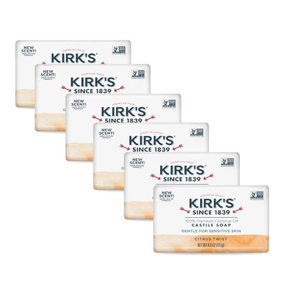 Kirk's Castile Bar Soap for Men, Women & Children - Made with Premium Coconut Oil, Sensitive Skin Formula- Vegan & Non GMO- Citrus Twist- 4 oz. Bars 6 Pack