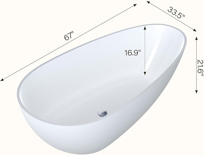 67" Resin Stone Freestanding Bathtub, Soaking Tub, Ergonomic Design, Easy Installation for Modern Spa Bathrooms, Matte White