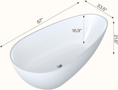 67" Resin Stone Freestanding Bathtub, Soaking Tub, Ergonomic Design, Easy Installation for Modern Spa Bathrooms, Matte White