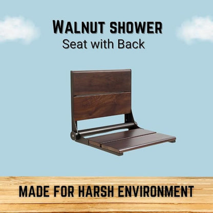 Folding Shower Seat Wall Mounted with Back | 500 lbs Maximum Load Capacity | ADA Compliant Safety Assist Teak Shower Seat for Seniors, Handicapped, and Children | 304 Stainless Steel Frame | 18” x 16”