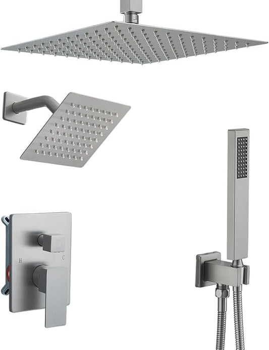 Shower Faucet Set Brushed Nickel Shower System, Knob Switch Diverter Shower Faucet with High Pressure Handheld Spray, Ceiling Mount 10 Inch Shower Head with 6 Inch Wall Mount Shower Head