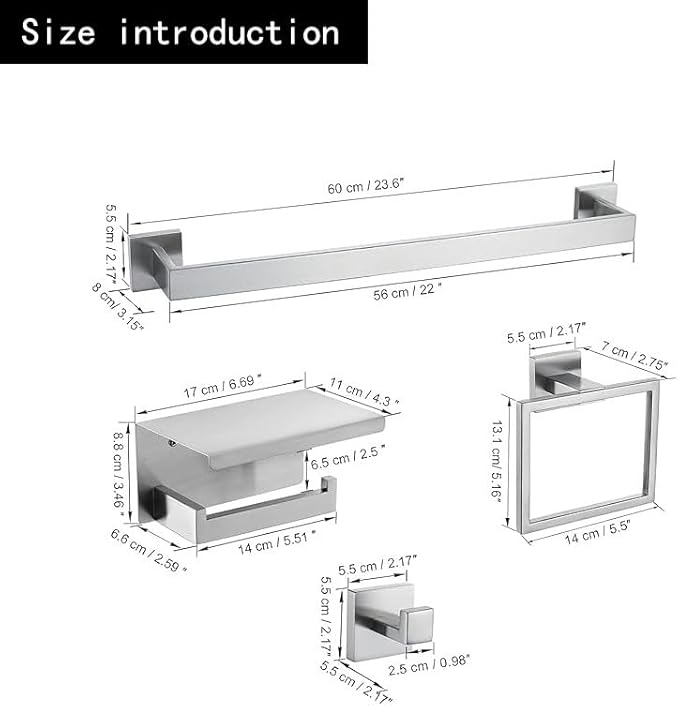 10 Pack Brushed Finish Bathroom Hardware Set - SUS304 Stainless Steel Wall-Mounted Towel Bar, Holder & Racks, 23.6 Inch