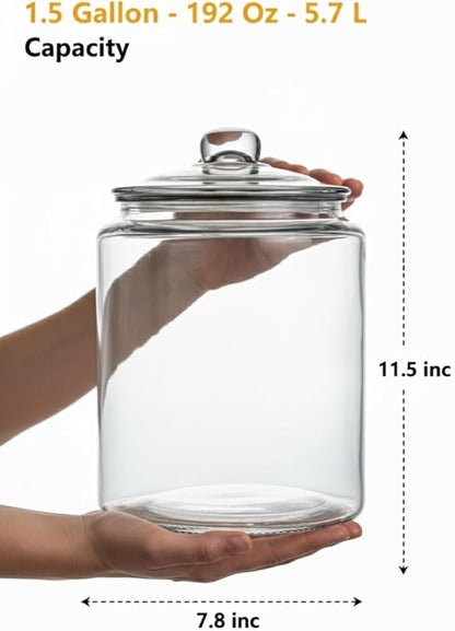 1.5 Gallon Glass Jar With Lid - Extra Gasket - Glass Cookie Jar - Glass Storage Container, Clear Canisters with Airtight Lids, Flour, Pet Treats, Kitchen Food Storage, for Pantry or Laundry