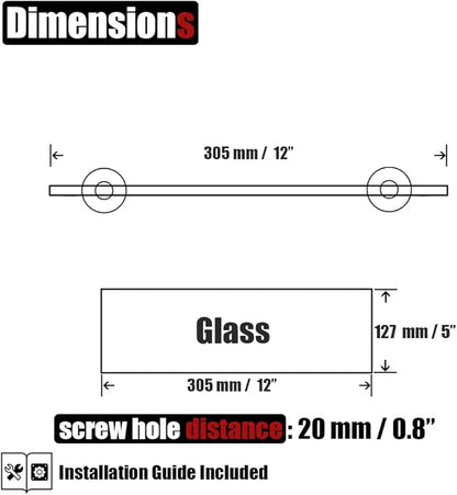 JQK Bathroom Glass Shelf Black, Tempered Glass Shower Storage 12 by 5 inches, 304 Stainless Steel Matte Black Wall Mount, TGS101L12-PB