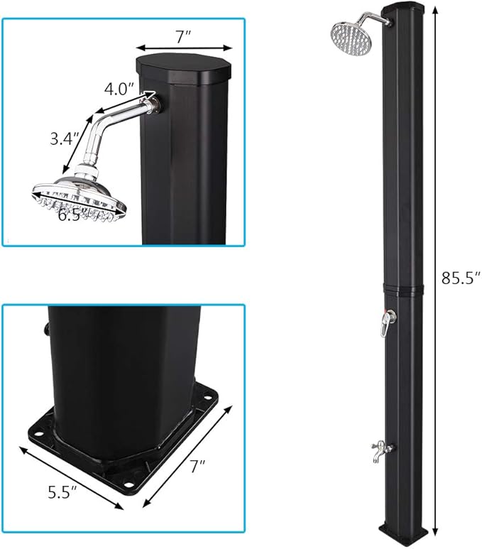 VINGLI Solar Heated Shower, 9.3 Gallon Outdoor Shower with Shower Head and Foot Shower Tap，for Outdoor Backyard Poolside Beach Pool Spa,Black (9.3 Gallon)