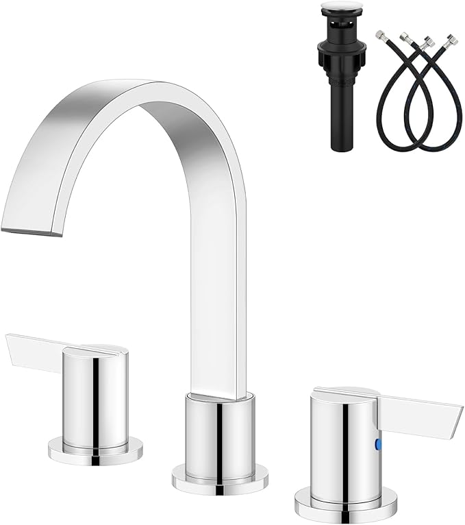 Aolemi Bathroom Faucets 3 Hole,8 Inch Widespread Waterfall Bathroom Sink Faucet,2 Handles Vanity Faucet with Pop-up Drain and Supply Hose,Polish Chrome
