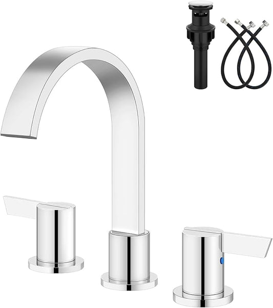 Aolemi Bathroom Faucets 3 Hole,8 Inch Widespread Waterfall Bathroom Sink Faucet,2 Handles Vanity Faucet with Pop-up Drain and Supply Hose,Polish Chrome