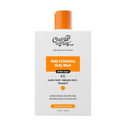 Chemist At Play Body Wash Exfoliating For Dry Rough Bumpy Strawberry Skin With 1% Salicylic Acid 2% Lactic Acid And Ceramides For Men And Women 15.9 Fl oz