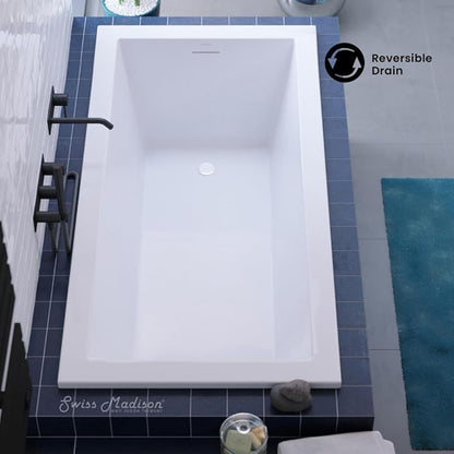 Swiss Madison Voltaire 72 x 36 Reversible Drain Soaking Drop-in Bathtub in Glossy White with Integrated Overflow, Drain Included