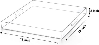 Clear extra large Ottoman Tray with Handles 18"x18"x2" Spill proof Acrylic Serving Tray Organizer Tray Decorative safe edge tray For Living Room Entryway Bedroom Kitchen Coffee Table coutertop
