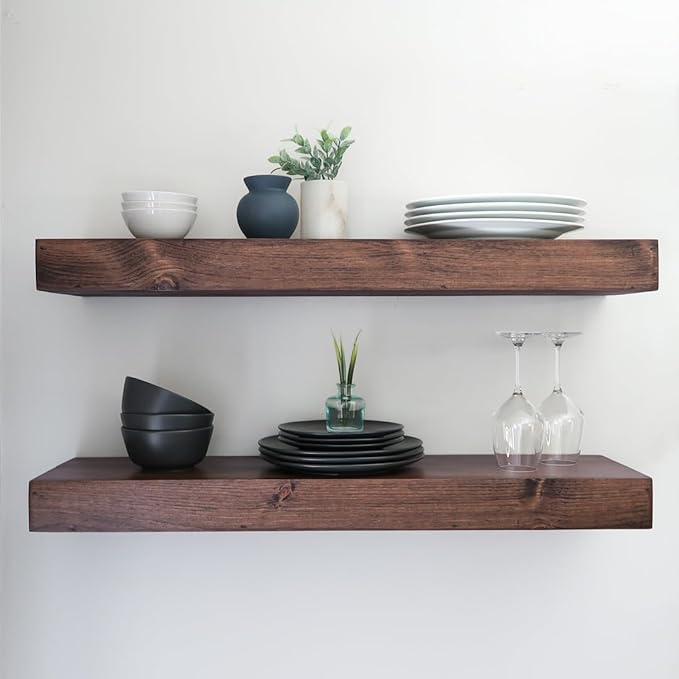 Urbandi Modern Floating Shelves 3 Inches Thick for Wall, Wide Shelves for Kitchen, Living Room, Bedroom, and Bathroom, Natural Pine Wood, Rustic Wooden Shelf, (Set of 2) (Provincial, 36Lx3Hx6D)