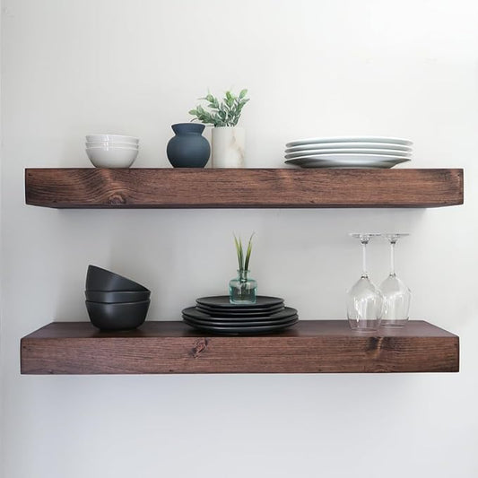 Urbandi Modern Floating Shelves 3 Inches Thick for Wall, Wide Shelves for Kitchen, Living Room, Bedroom, and Bathroom, Natural Pine Wood, Rustic Wooden Shelf, (Set of 2) (Provincial, 60Lx3Hx6D)