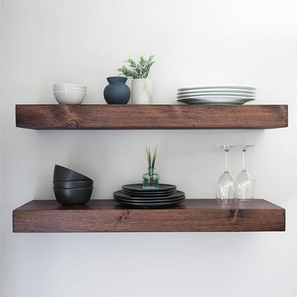 Urbandi Modern Floating Shelves 3 Inches Thick for Wall, Wide Shelves for Kitchen, Living Room, Bedroom, and Bathroom, Natural Pine Wood, Rustic Wooden Shelf, (Set of 2) (Provincial, 24Lx3Hx8D)