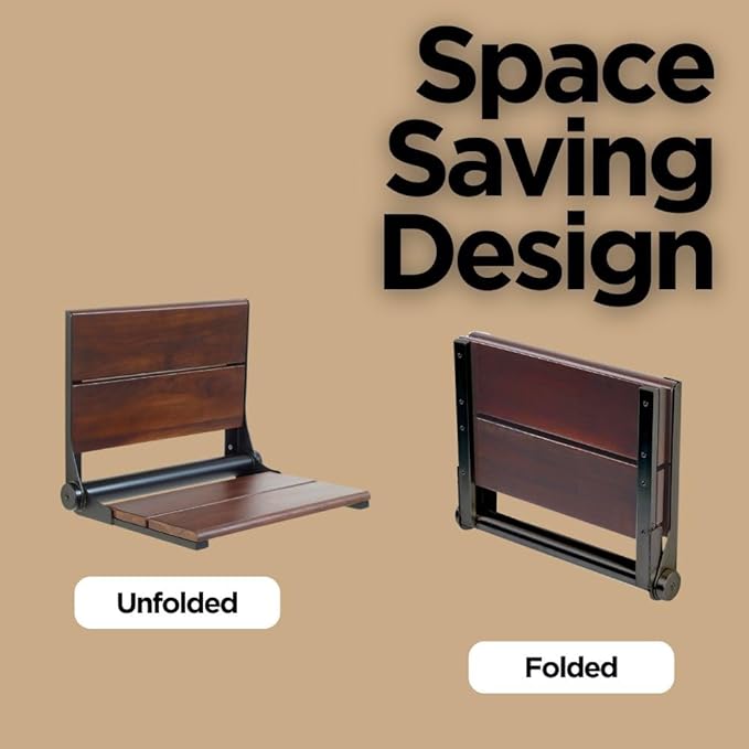 Walnut Shower Seat - Contour Wood / Folding Wall Mount Bench for Inside Shower / ADA Safety Aid / 304 Stainless Steel / Matte Black / 26" x 16"