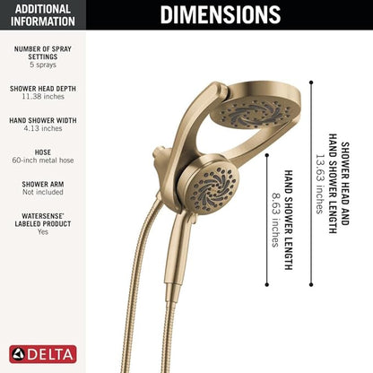 Delta 5-Setting HydroRain 2-in-1 Dual Shower Head with ProClean Spray, Brushed Gold High Pressure Shower Head with Handheld Spray, 1.75 GPM Flow Rate, Champagne Bronze 75419CZ