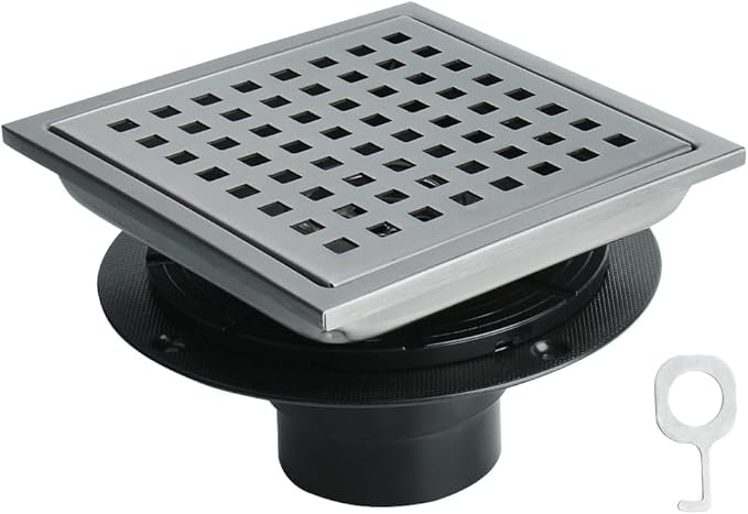 4 Inch Square Shower Drain, SUS 304 Stainless Steel Shower Drain with Flange, Removable Grid Cover Hair Strainer, High Flow Shower Floor Drain, Gun Grey