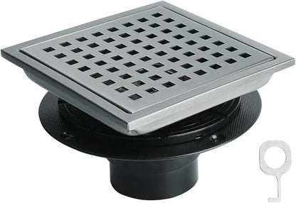 4 Inch Square Shower Drain, SUS 304 Stainless Steel Shower Drain with Flange, Removable Grid Cover Hair Strainer, High Flow Shower Floor Drain, Gun Grey