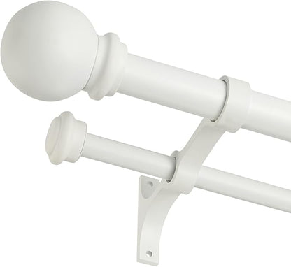 Double Curtain Rod 28 to 48 inch, Adjustable 1 inch Double Drapery Rod Rods for Windows and Doors with Ball Round Finials and Premium Aluminum Brackets Set(28-48",Matte White)